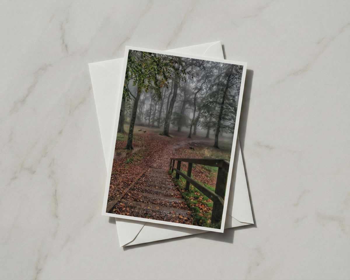 Misty Autumn Forest Card, Woodland Steps Trees, Moody Nature Greeting Card
