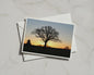 Oak Tree Sunset Silhouette Greeting Card, Dawn Dusk Landscape, Golden Sky A6 Card