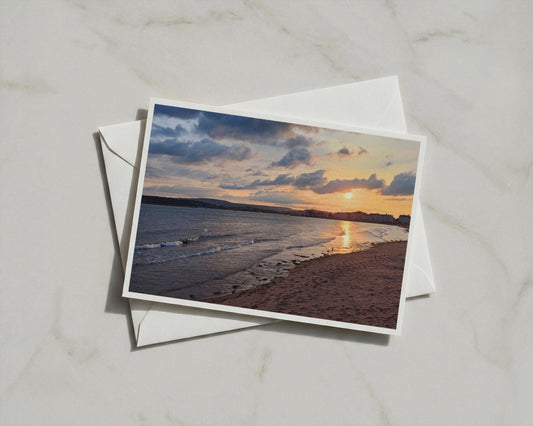 Sunset Beach Landscape Card, Coastal Town Seaside Greeting Card, Dawn Dusk Sky