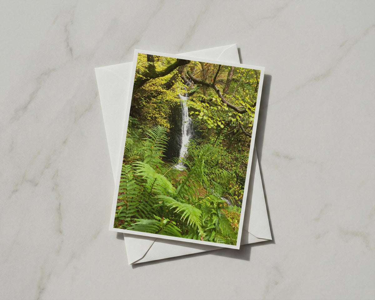 Woodland Waterfall Card, Autumn Forest Ferns, Nature Greeting Card, Green Trees