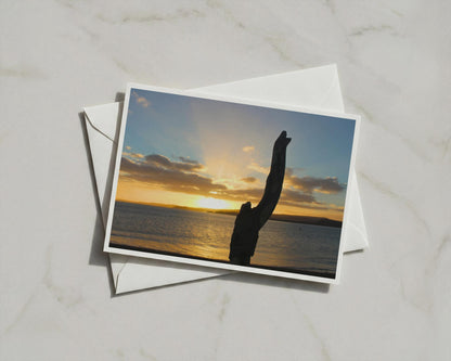 Driftwood Sunset Card, Coastal Silhouette Beach Dawn Dusk, Golden Sky Sea A6