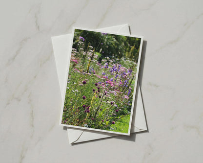 Wild Flower Garden Card, Purple Allium Cottage Border, Blank A6 Card with Envelope