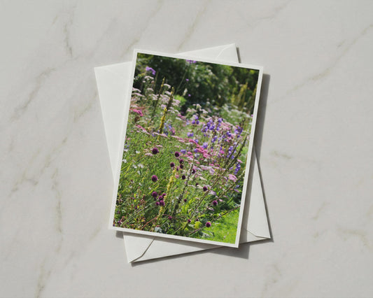 Wild Flower Garden Card, Purple Allium Cottage Border, Blank A6 Card with Envelope