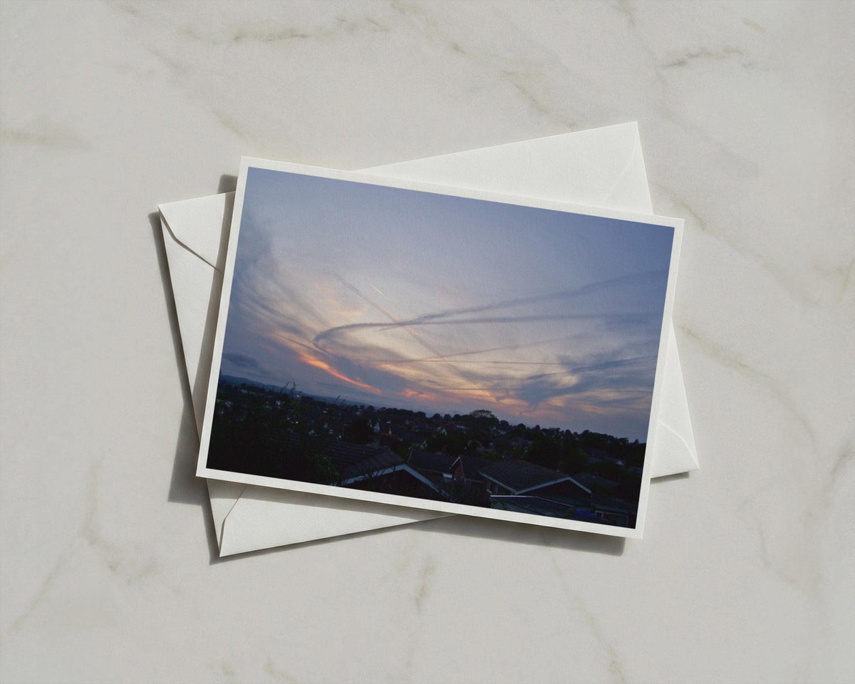Dramatic Sunset Sky Card, Vapour Trails Dusk Sky, Rooftop View Evening Card