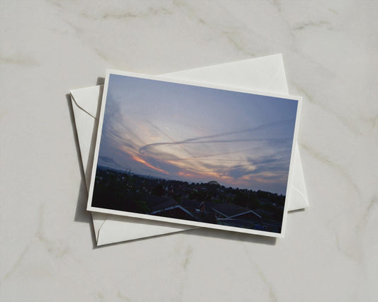 Dramatic Sunset Sky Card, Vapour Trails Dusk Sky, Rooftop View Evening Card