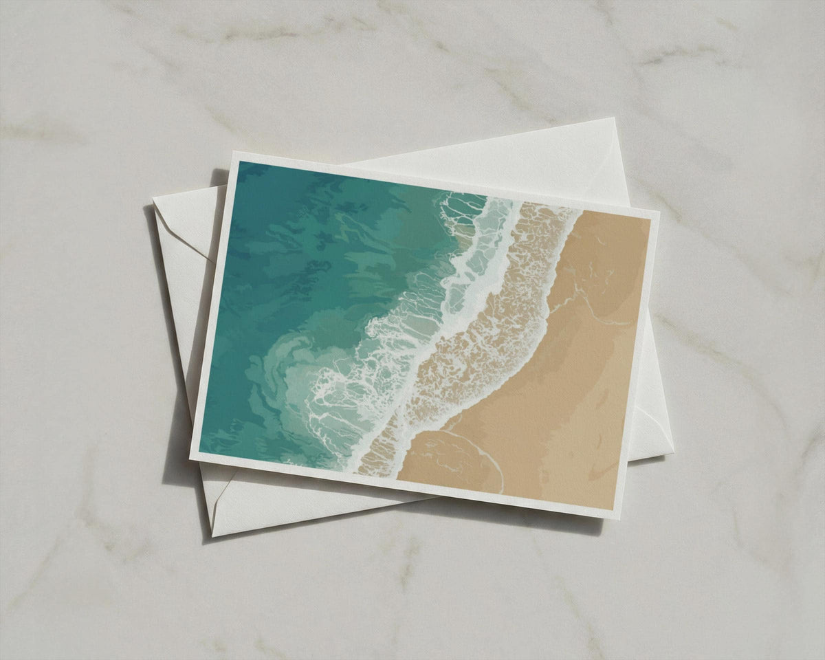 Cornwall Aerial Beach Card, Teal Ocean Waves Sandy Shore, Coastal Cornwall Greeting Card