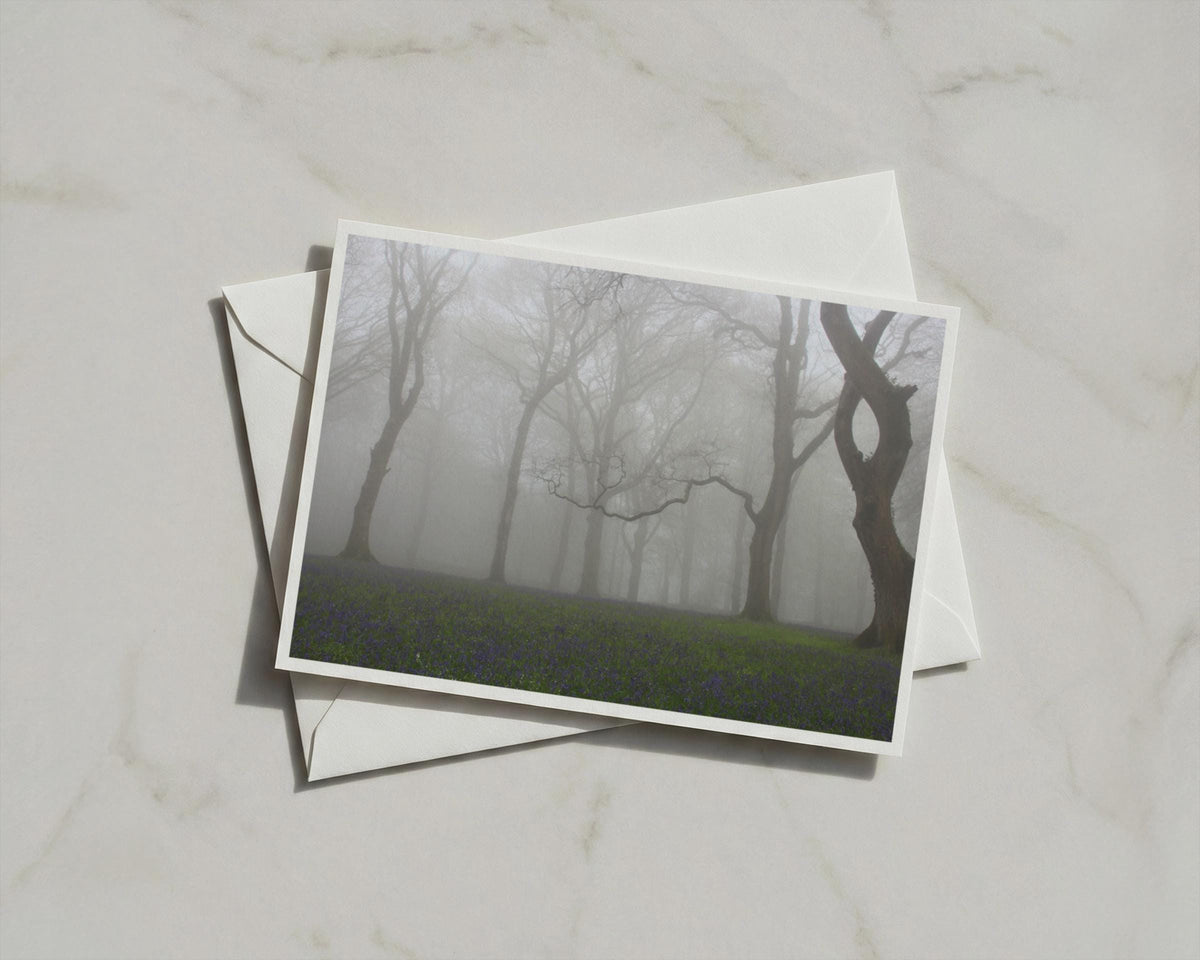 Misty Bluebell Wood Poster, Foggy Forest Landscape Framed-Print, Moody Trees Wall Art, British Woodland Nature Photography Print