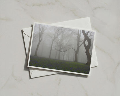 Misty Bluebell Wood Poster, Foggy Forest Landscape Framed-Print, Moody Trees Wall Art, British Woodland Nature Photography Print