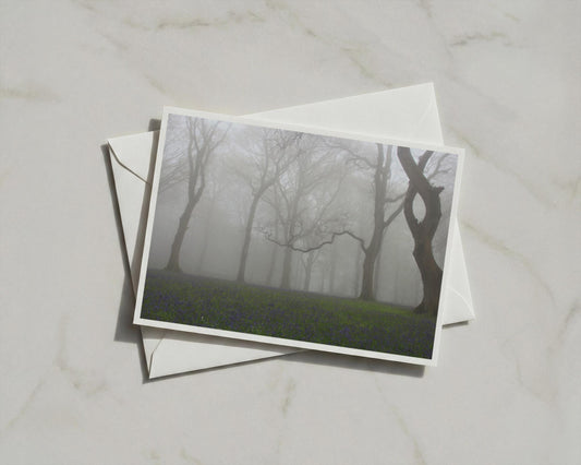 Misty Bluebell Wood Poster, Foggy Forest Landscape Framed-Print, Moody Trees Wall Art, British Woodland Nature Photography Print