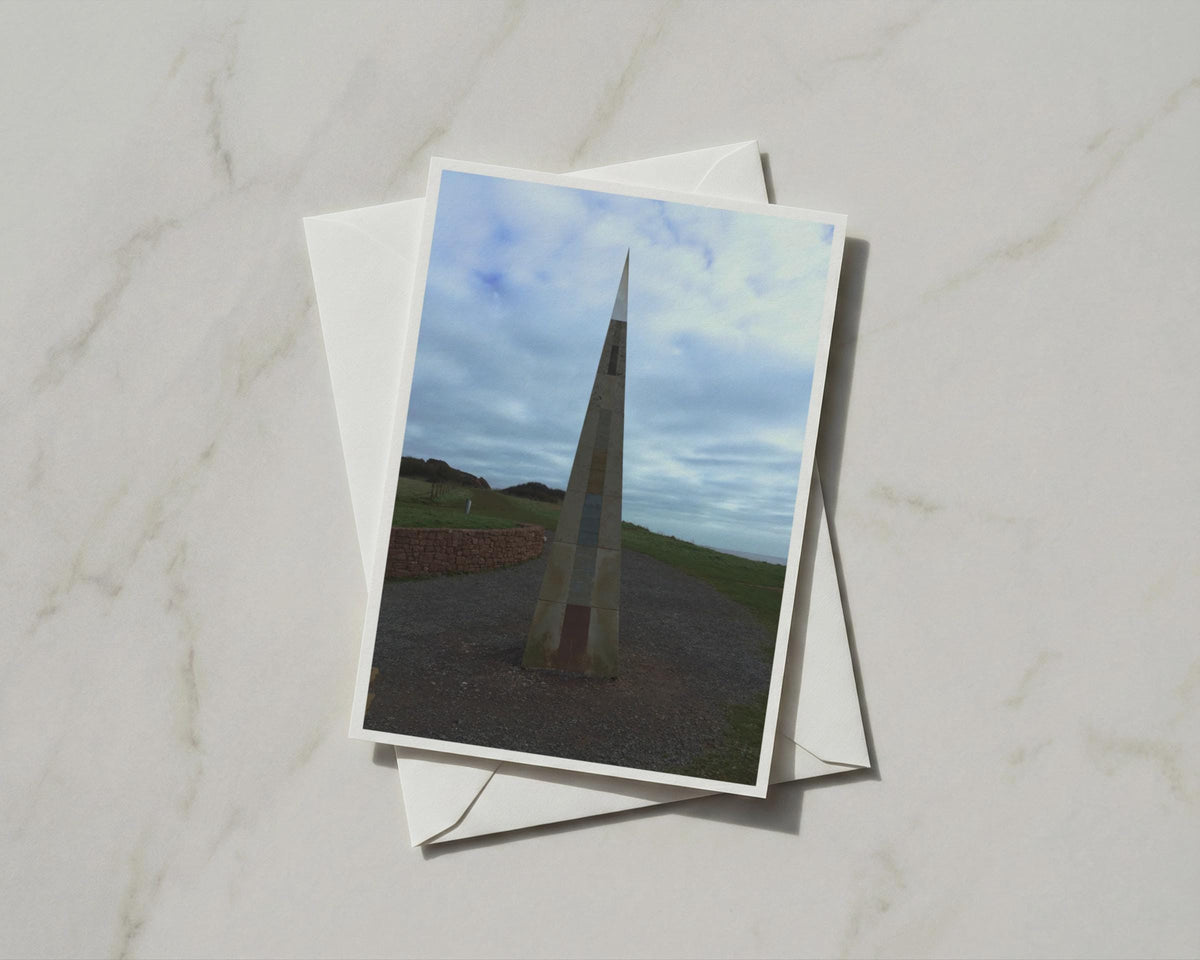 Coastal Obelisk Stone Monument Card, Seaside Landmark, Cloudy Sky, Devon Cornwall