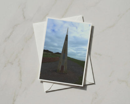 Coastal Obelisk Stone Monument Card, Seaside Landmark, Cloudy Sky, Devon Cornwall
