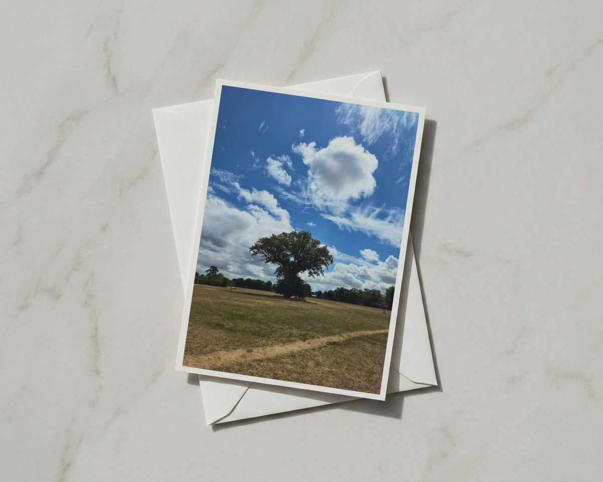 Lone Tree Summer Sky Card, English Countryside Nature, Blue Sky Clouds Greeting Card