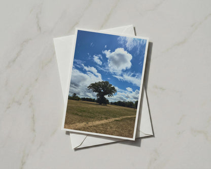 Lone Tree Summer Sky Card, English Countryside Nature, Blue Sky Clouds Greeting Card