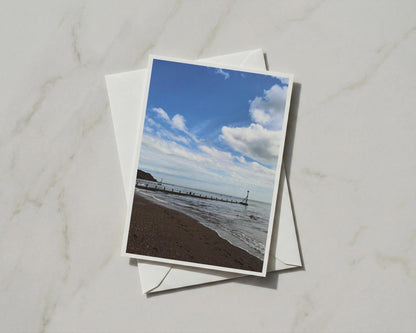 British Seaside Beach Card, Coastal Groyne Blue Sky, UK Beach Photography Greeting Card