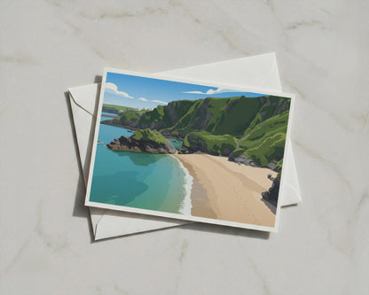 Cornwall Coastal Cove Card, Turquoise Sea Cliffs Beach, Illustrated Greeting Card