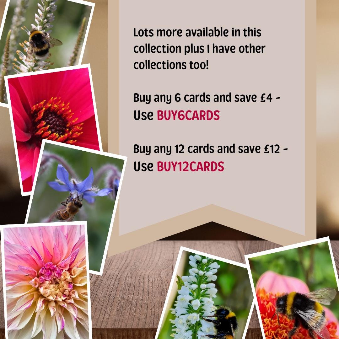 The image is a collage of various flowers and bees, with text providing information about a card sale.