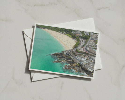 St Ives Cornwall Aerial Card, Porthminster Beach Coastal Town, Turquoise Sea Gift