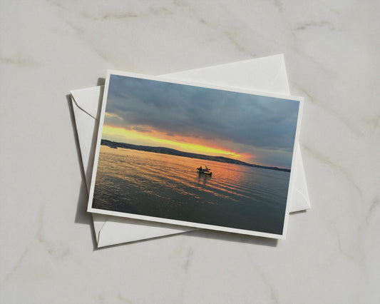 Sunset Kayak Estuary Card, Dawn Dusk Landscape, Coastal Greeting Card, Golden Sky