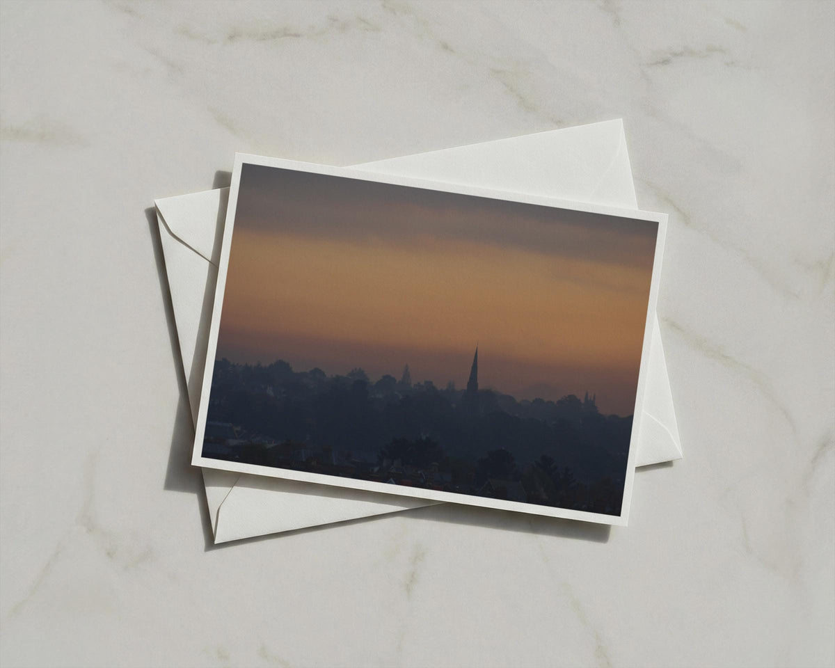 Dusk Skyline Card, Church Spire Silhouette, Sunset Orange Sky, A6 Greeting Card