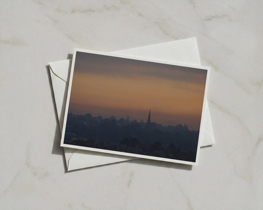 Dusk Skyline Card, Church Spire Silhouette, Sunset Orange Sky, A6 Greeting Card