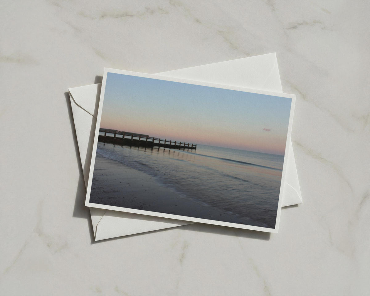 Dawn Dusk Beach Groyne Card, Coastal Sunset Greetings Card, Seaside Pier Pink Sky A6