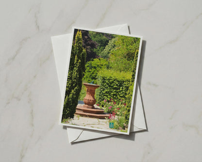 Sundial Garden Card, English Country Garden, Terracotta Urn, Botanical Greeting Card, A6