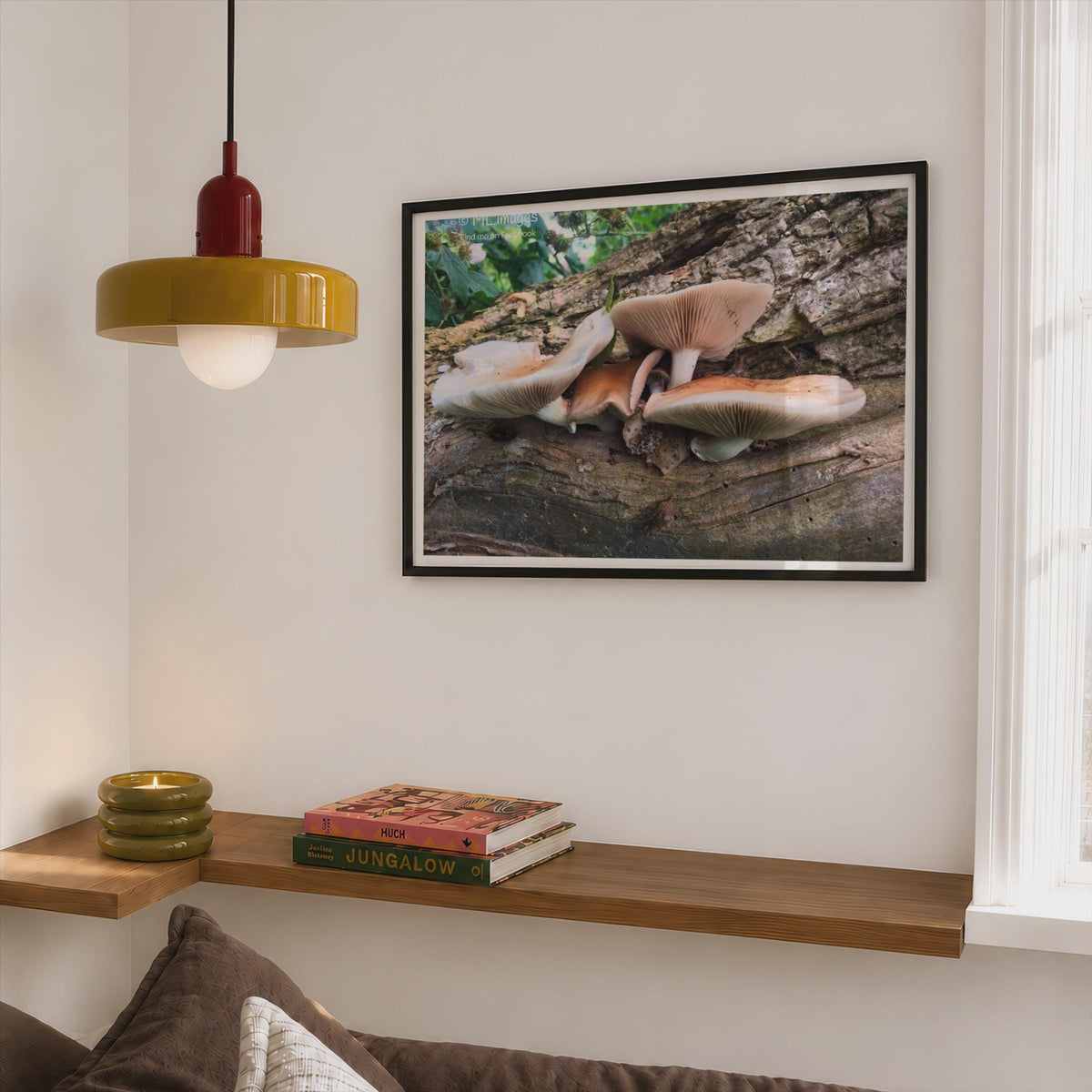 Wild Fungi on Fallen Log Poster mockup - Corner Bedroom Mockup - Landscape
