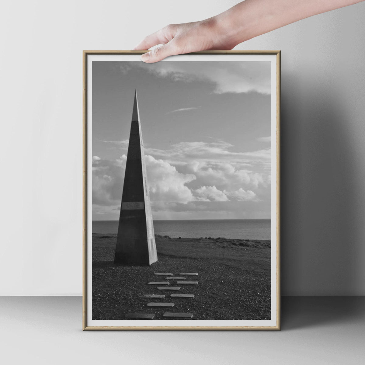 Coastal Obelisk Black and White Photography Print, Seaside Monument Wall Art, Dramatic Sky Seascape Poster, Minimalist Monochrome Decor