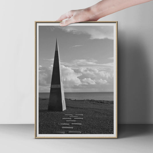 Coastal Obelisk Black and White Photography Print, Seaside Monument Wall Art, Dramatic Sky Seascape Poster, Minimalist Monochrome Decor