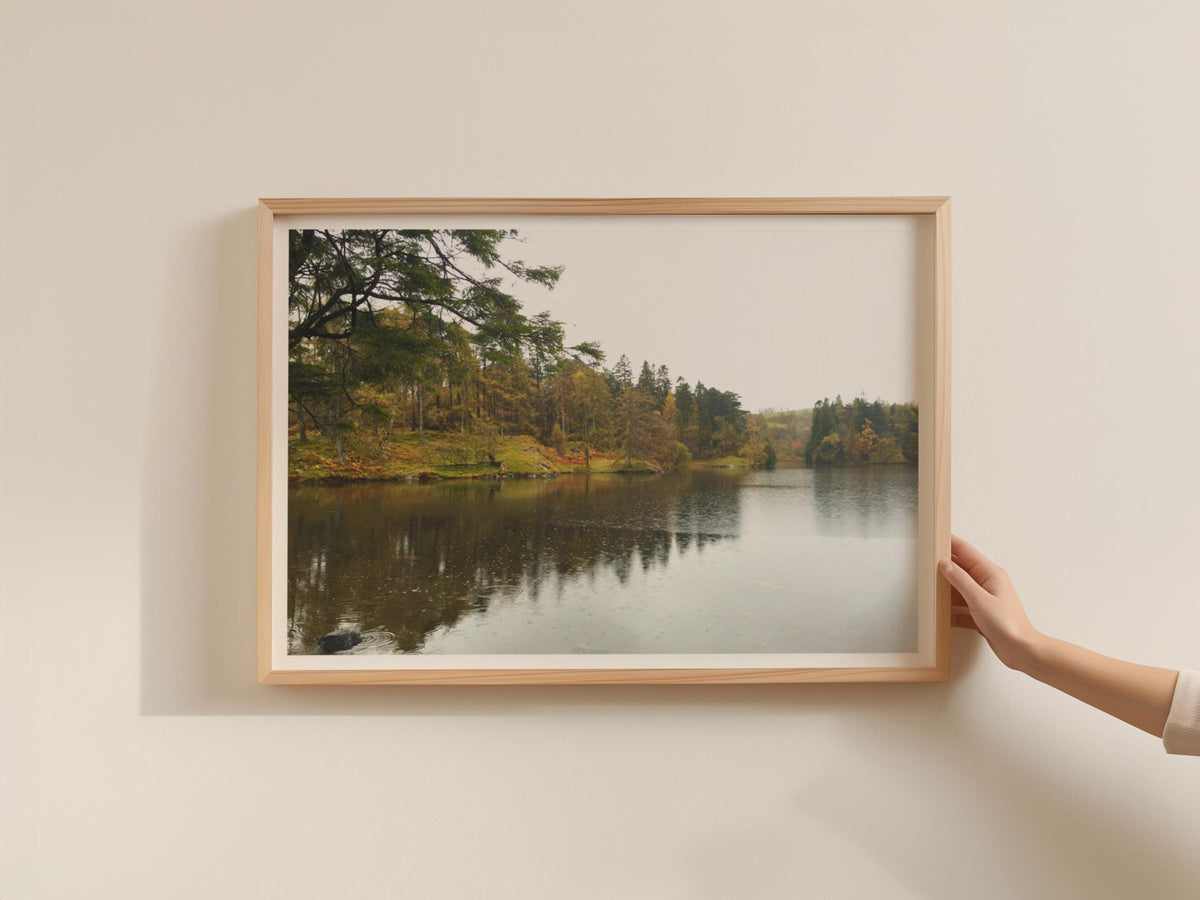 Autumn Lake Landscape Poster, Trees Reflection Wall Art, Lake District Framed-Print, Woodland Nature Photography, Moody Forest Print