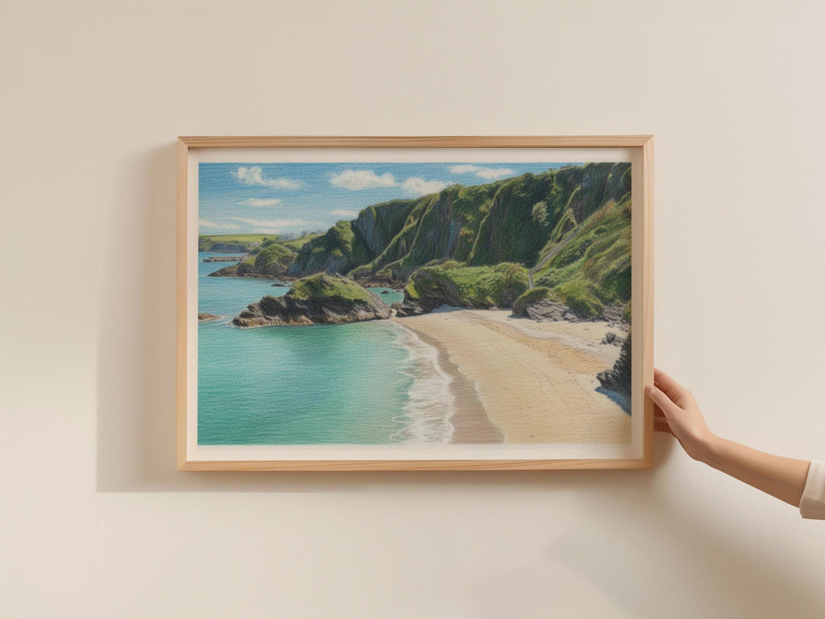 Cornwall Coastal Beach Poster, Turquoise Sea Cliffs Framed-Print, Pencil Drawing Style, Cornish Seaside Wall Art, Sandy Cove Gift