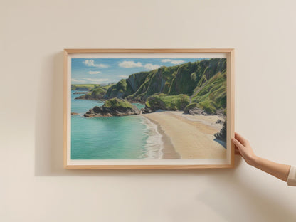 Cornwall Coastal Beach Poster, Turquoise Sea Cliffs Framed-Print, Pencil Drawing Style, Cornish Seaside Wall Art, Sandy Cove Gift
