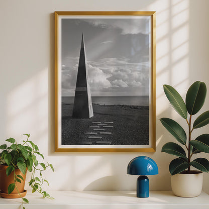 Coastal Obelisk Black and White Photography Print, Seaside Monument Wall Art, Dramatic Sky Seascape Poster, Minimalist Monochrome Decor