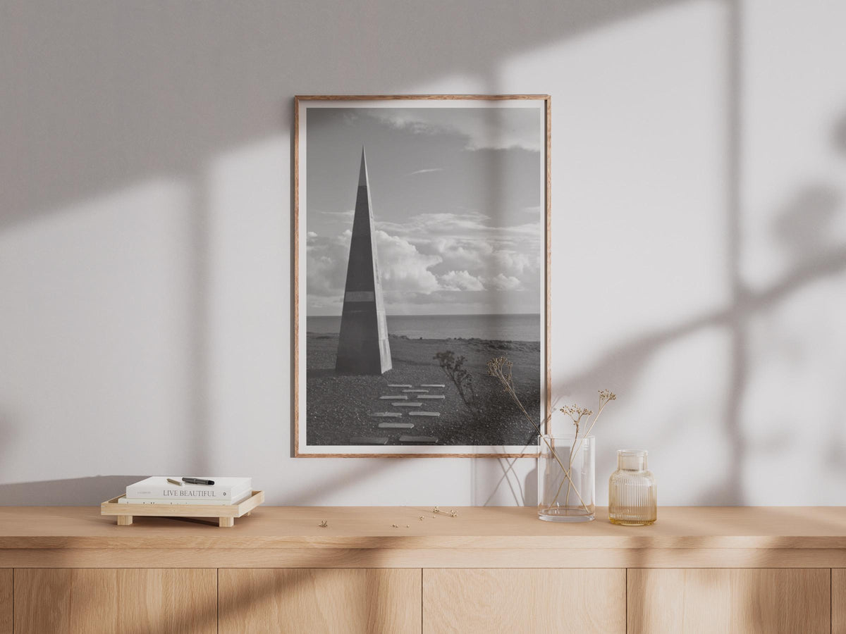 Coastal Obelisk Black and White Photography Print, Seaside Monument Wall Art, Dramatic Sky Seascape Poster, Minimalist Monochrome Decor