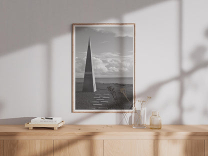 Coastal Obelisk Black and White Photography Print, Seaside Monument Wall Art, Dramatic Sky Seascape Poster, Minimalist Monochrome Decor