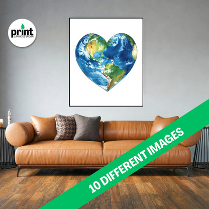 A large heart-shaped painting of the Earth is displayed on the wall above a brown leather couch in a living room setting.