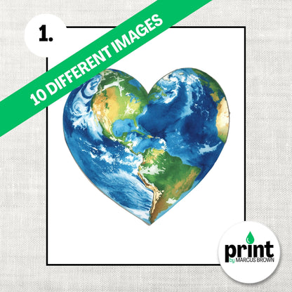 A heart-shaped illustration of the Earth, representing the planet, is displayed within a green frame.