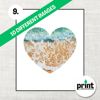 A heart-shaped image of a beach with waves crashing against the shore, surrounded by a green banner that reads "10 DIFFERENT IMAGES" and a logo for "print by MARCUS BROWN".