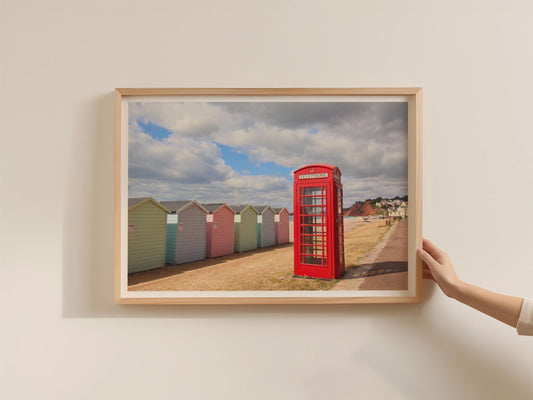 Budleigh Salterton Beach Huts Poster, Red Telephone Box Framed-Print, Devon Coastal Wall Art, Pastel Seaside Photography Print