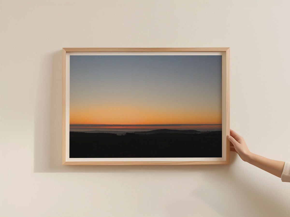 Dawn Landscape Sunset Silhouette Poster, Twilight Sky Framed-Print, Orange Blue Horizon Wall Art, Countryside Dusk Photography Print