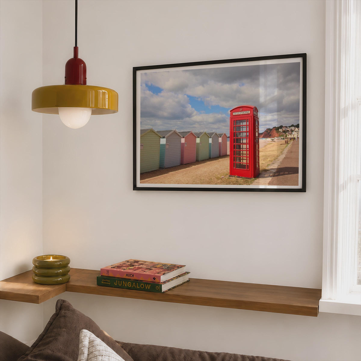 Budleigh Salterton Beach Huts Poster, Red Telephone Box Framed-Print, Devon Coastal Wall Art, Pastel Seaside Photography Print