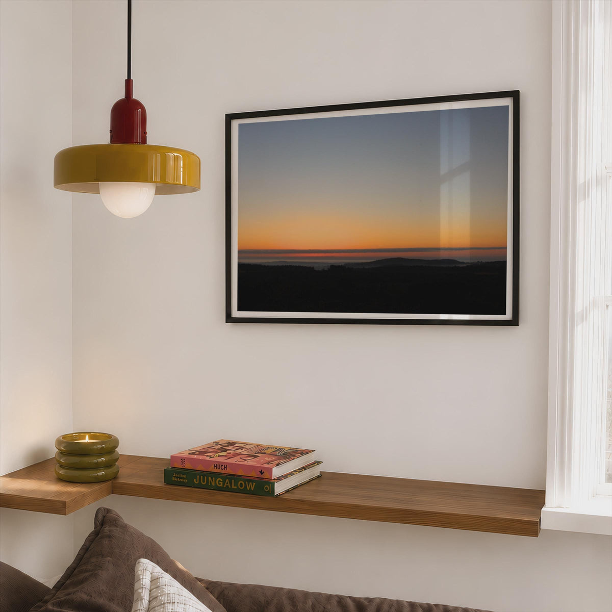 Dawn Landscape Sunset Silhouette Poster mockup - Corner Bedroom Mockup - Landscape