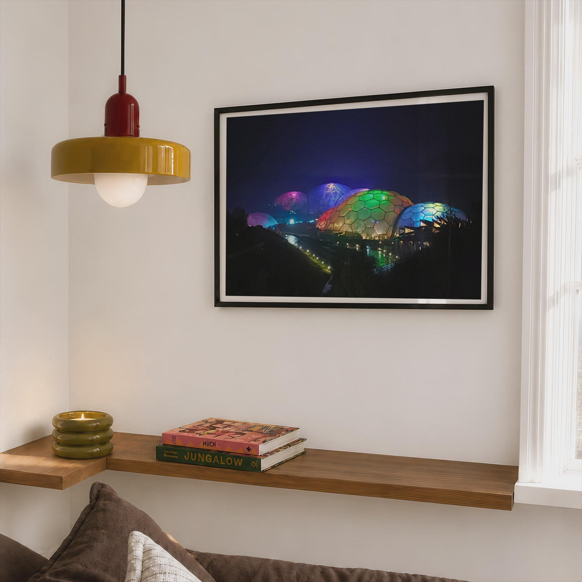 Eden Project Night Lights Poster, Cornwall Biomes Framed-Print, Colourful Dome Wall Art, Cornwall Landmark Print, Dawn and Dusk Collection