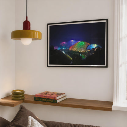 Eden Project Night Lights Poster, Cornwall Biomes Framed-Print, Colourful Dome Wall Art, Cornwall Landmark Print, Dawn and Dusk Collection