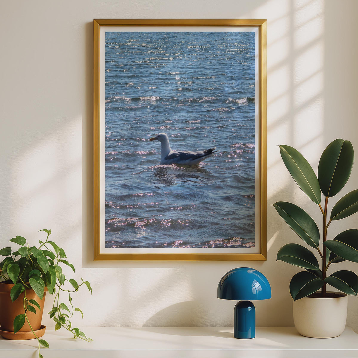 Seagull on Sparkling Sea Poster, Coastal Bird Wall Art, Blue Ocean Photography Print, Nautical Wildlife Decor, Seaside Nature Photo