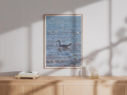 Seagull on Sparkling Sea Poster, Coastal Bird Wall Art, Blue Ocean Photography Print, Nautical Wildlife Decor, Seaside Nature Photo