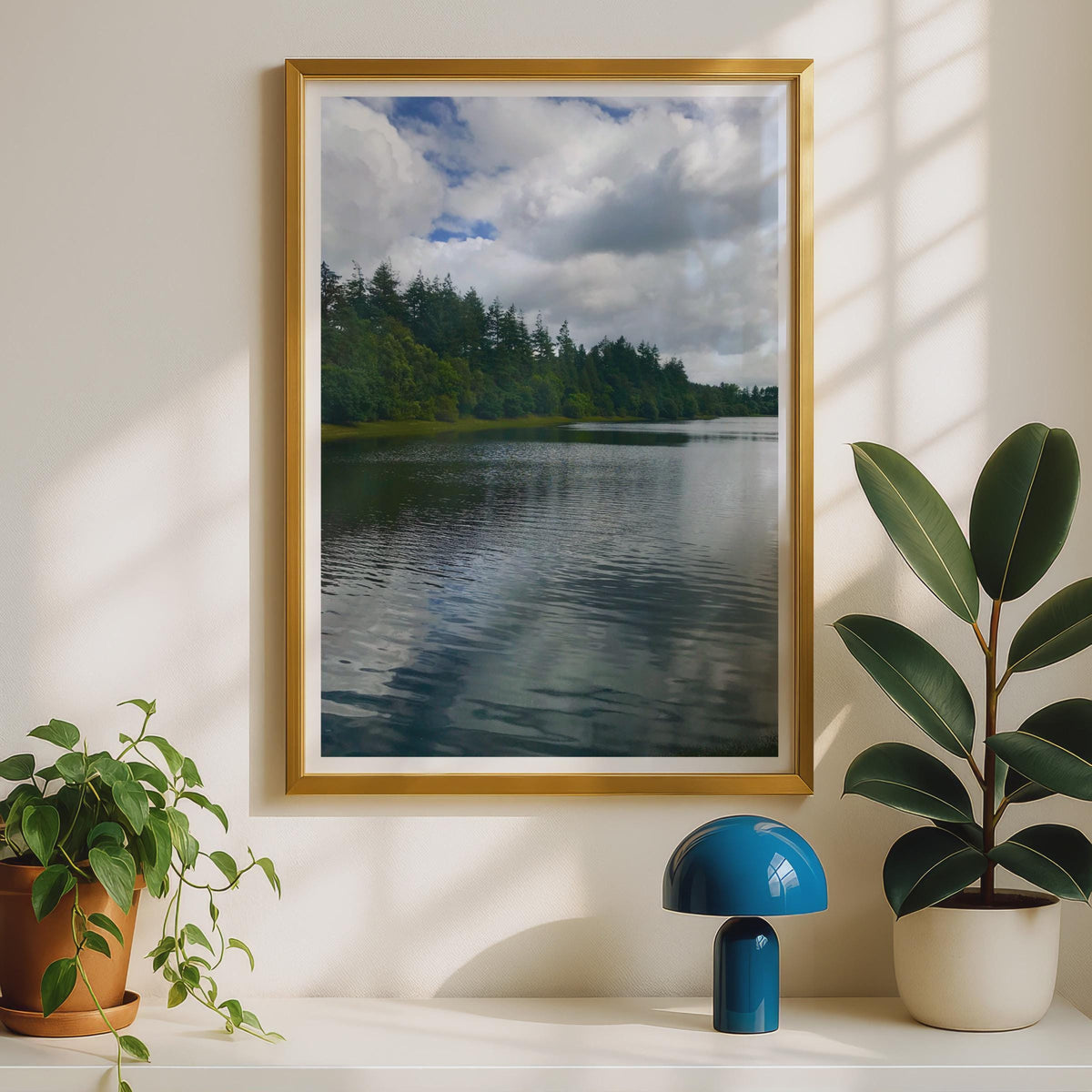 Lake and Pine Forest Landscape Poster, Woodland Water Reflection Print, Cloudy Sky Nature Wall Art, Scenic British Countryside Photo Print