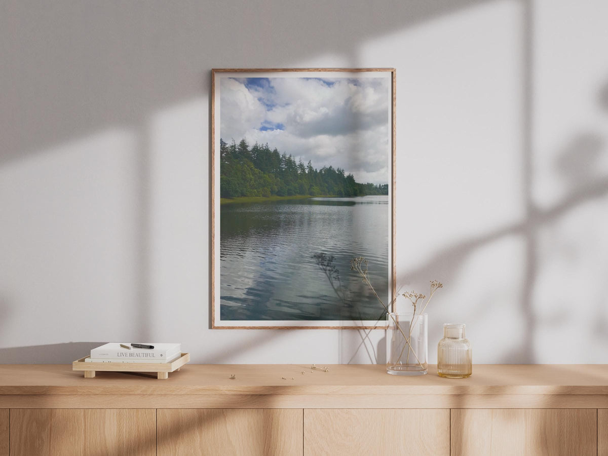 Lake and Pine Forest Landscape Poster, Woodland Water Reflection Print, Cloudy Sky Nature Wall Art, Scenic British Countryside Photo Print