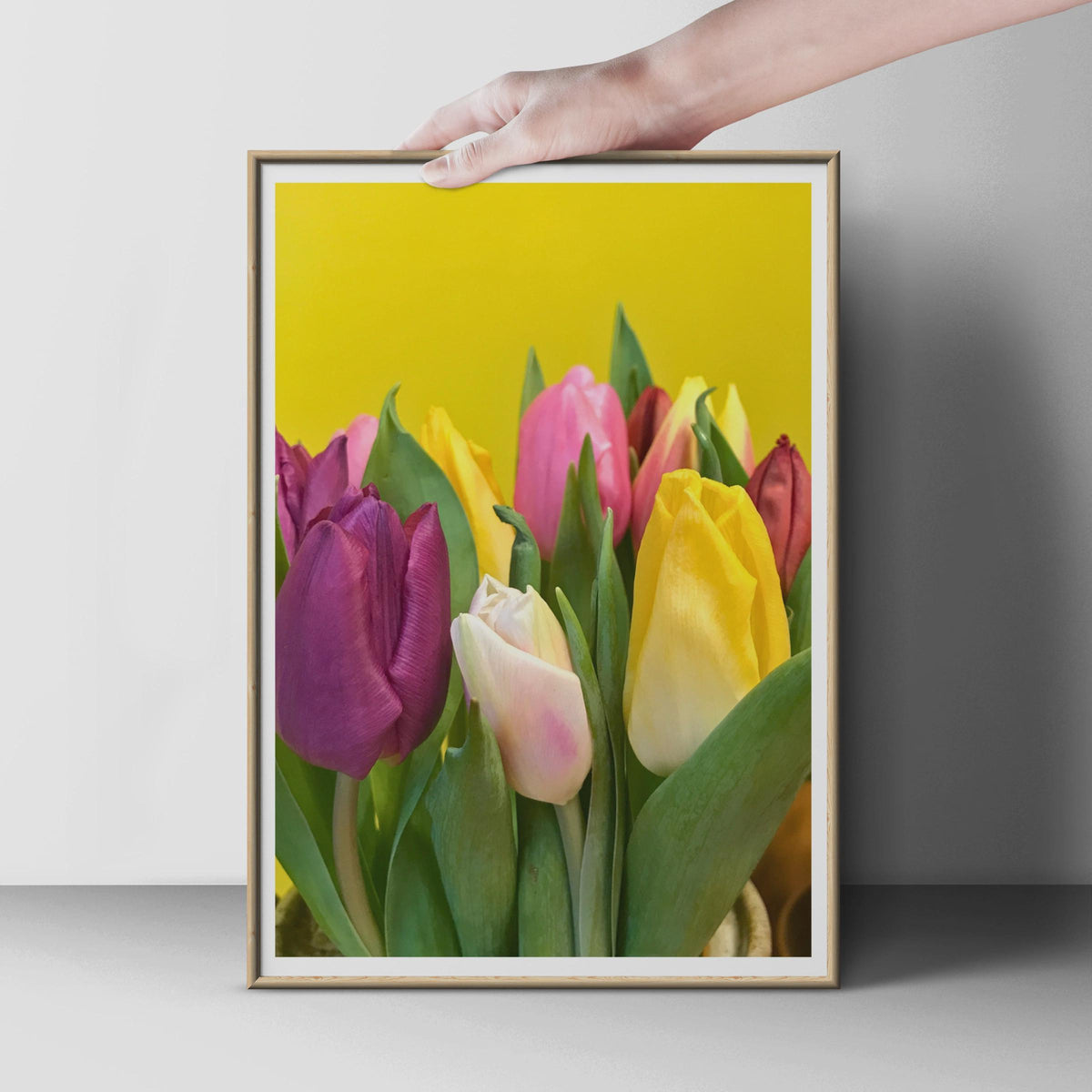 Colourful Tulip Bouquet Poster, Spring Flower Wall Art, Yellow Pink Purple Tulips Print, Bright Floral Photography, Living Room Decor