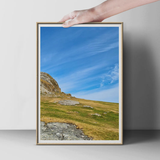 Dartmoor Tor Landscape Poster, Granite Rock Moorland Print, Blue Sky Devon Wall Art, British Countryside Nature Photography Print